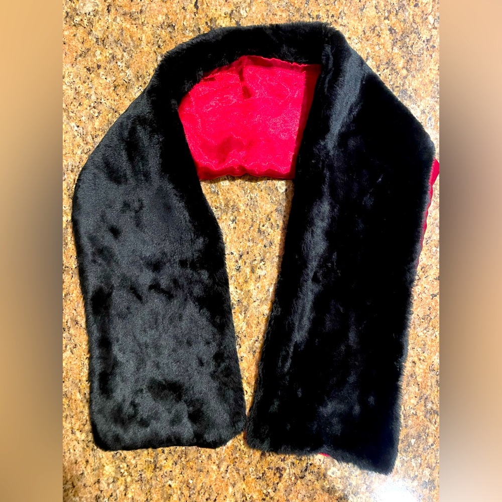 Hand Sewn Red Satin Lined Black Faux Fur Collar Wrap